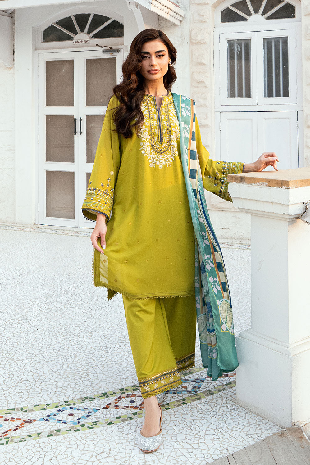 Olive Green 2-piece Swiss Voile ensemble with detailed embroidery on neck and sleeves - Dhanak SS26