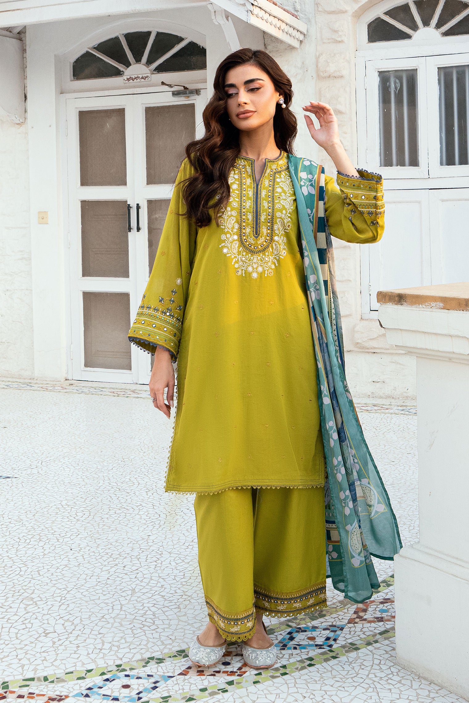 Olive Green 2-piece Swiss Voile ensemble with detailed embroidery on neck and sleeves - Dhanak SS26