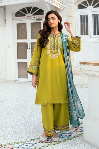 Olive Green 2-piece Swiss Voile ensemble with detailed embroidery on neck and sleeves - Dhanak SS26