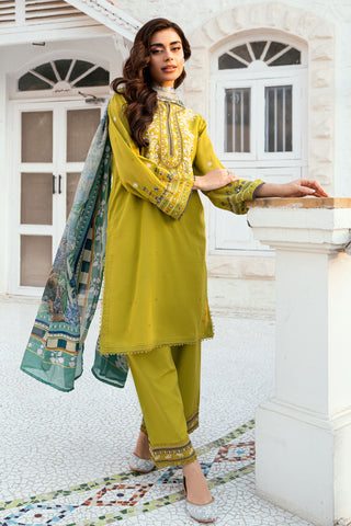 Olive Green 2-piece Swiss Voile ensemble with detailed embroidery on neck and sleeves - Dhanak SS26