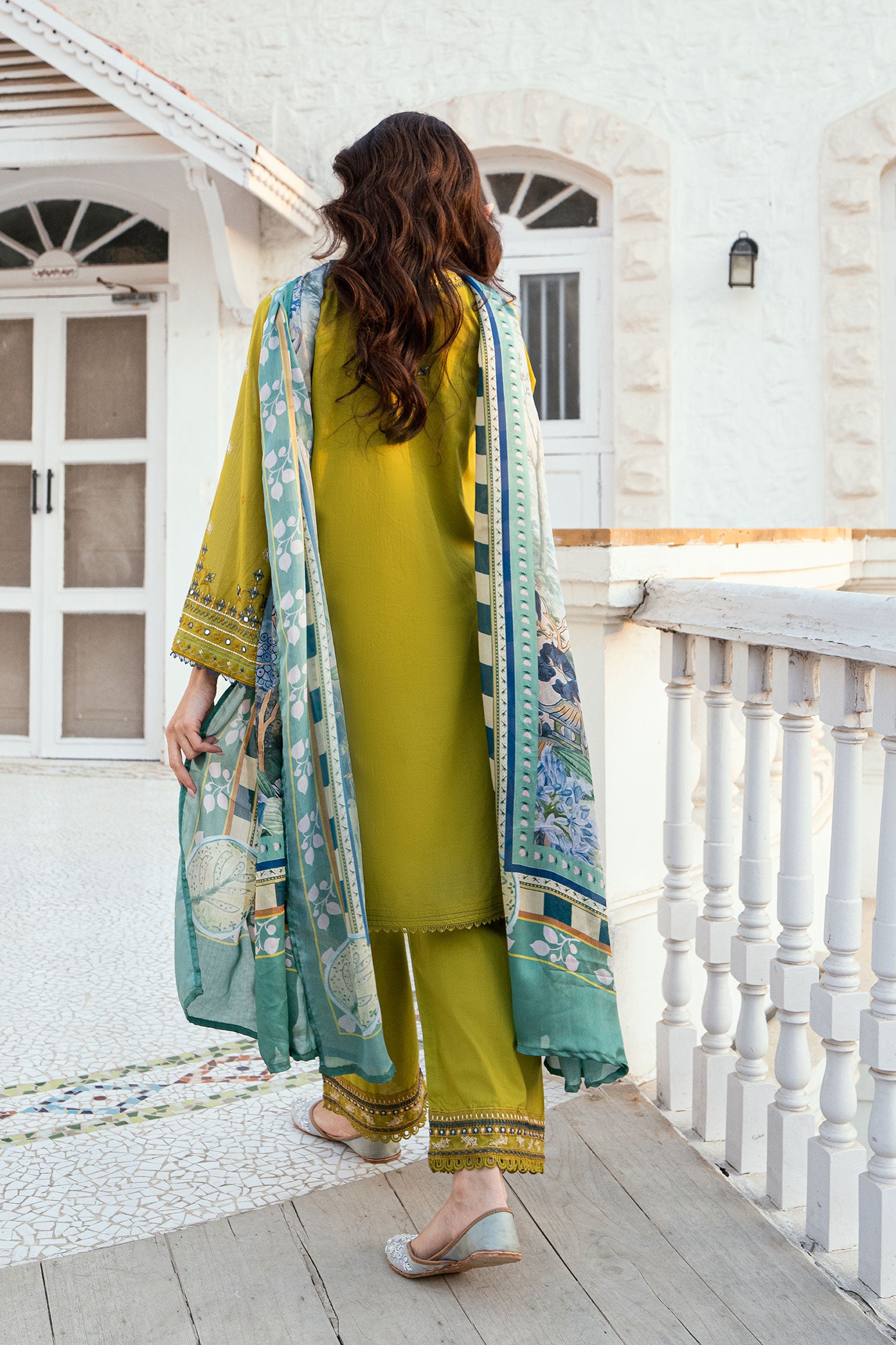 Olive Green 2-piece Swiss Voile ensemble with detailed embroidery on neck and sleeves - Dhanak SS26