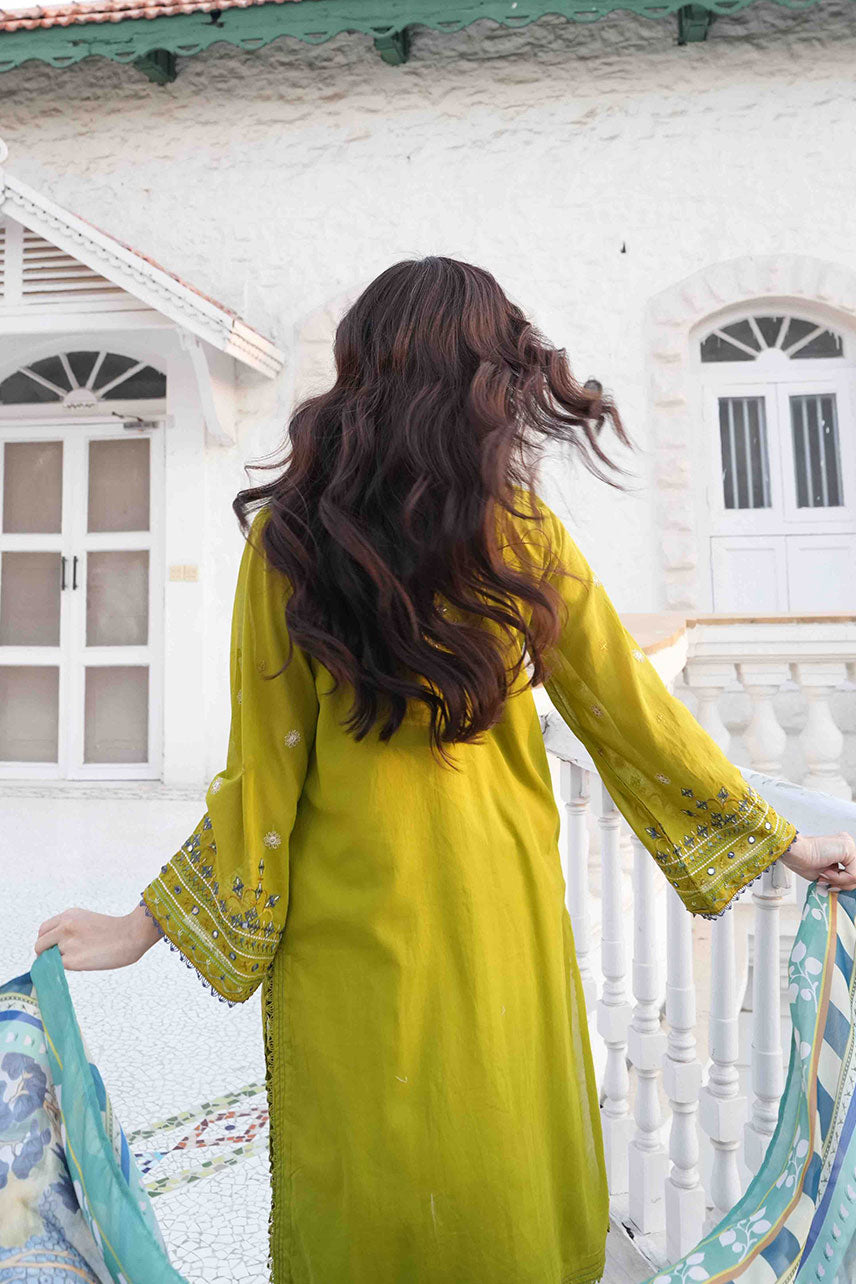 Olive Green 2-piece Swiss Voile ensemble with detailed embroidery on neck and sleeves - Dhanak SS26