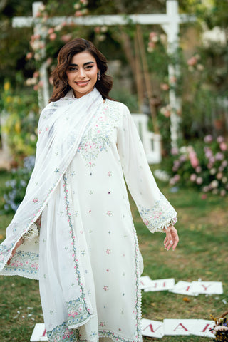 Off White Swiss Voile 2-piece suit with delicate floral embroidery and fine lace detailing on sleeves - Dhanak SS26