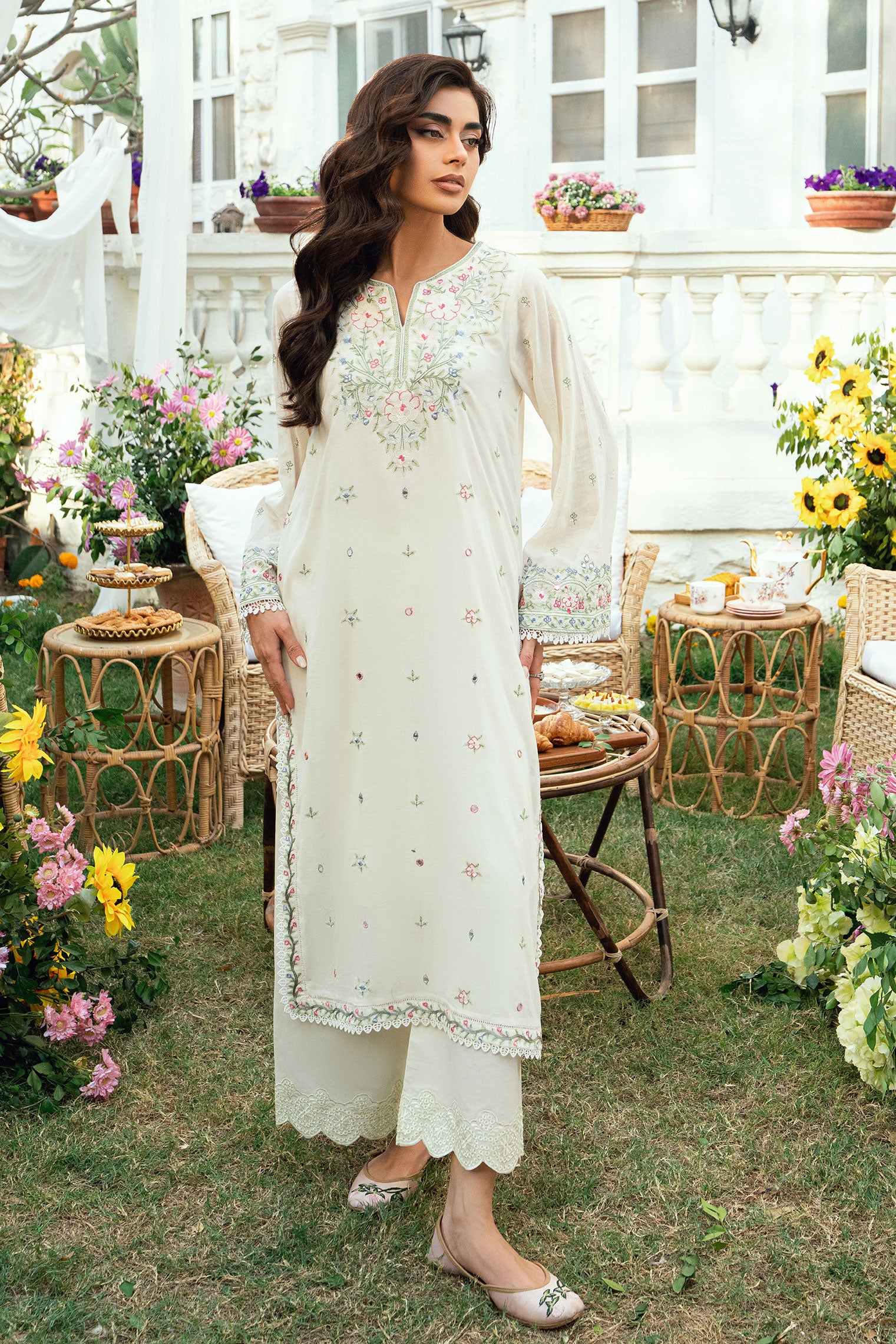 Off White Swiss Voile 2-piece suit with delicate floral embroidery and fine lace detailing on sleeves - Dhanak SS26