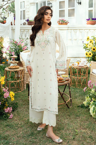 Off White Swiss Voile 2-piece suit with delicate floral embroidery and fine lace detailing on sleeves - Dhanak SS26