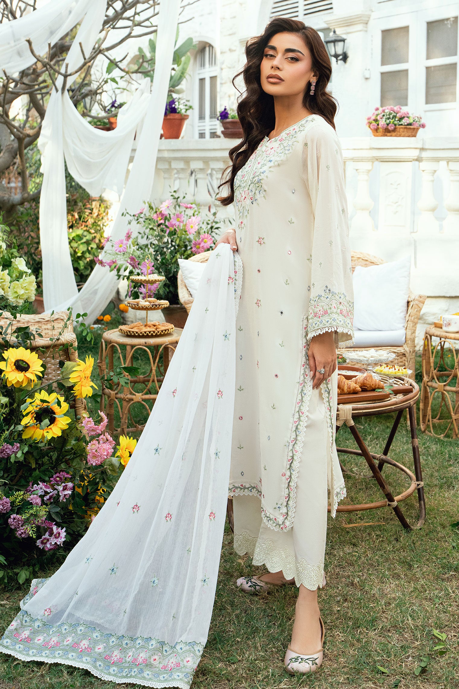 Off White Swiss Voile 2-piece suit with delicate floral embroidery and fine lace detailing on sleeves - Dhanak SS26