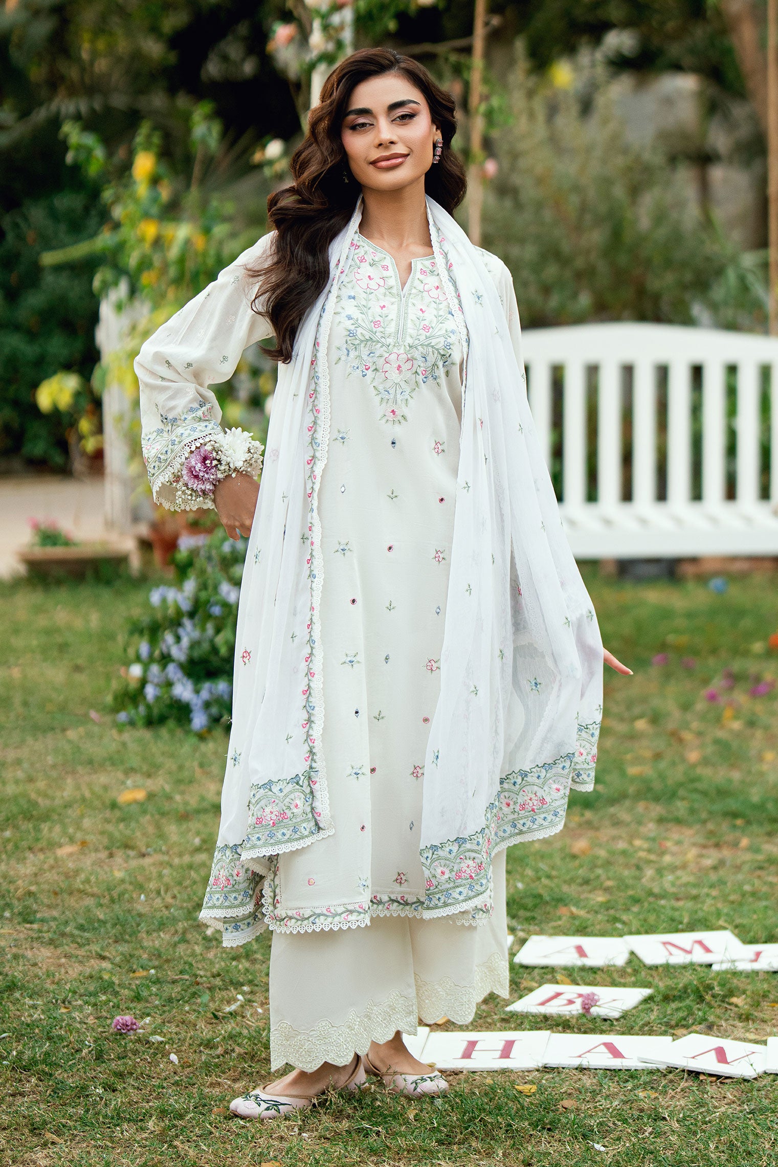 Off White Swiss Voile 2-piece suit with delicate floral embroidery and fine lace detailing on sleeves - Dhanak SS26