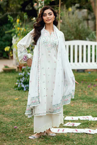 Off White Swiss Voile 2-piece suit with delicate floral embroidery and fine lace detailing on sleeves - Dhanak SS26