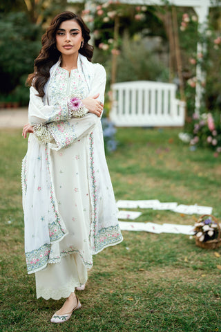 SS25DC-2584 OFF WHITE SWISS VOILE 2PCS EMBROIDERED KURTA WITH TROUSER