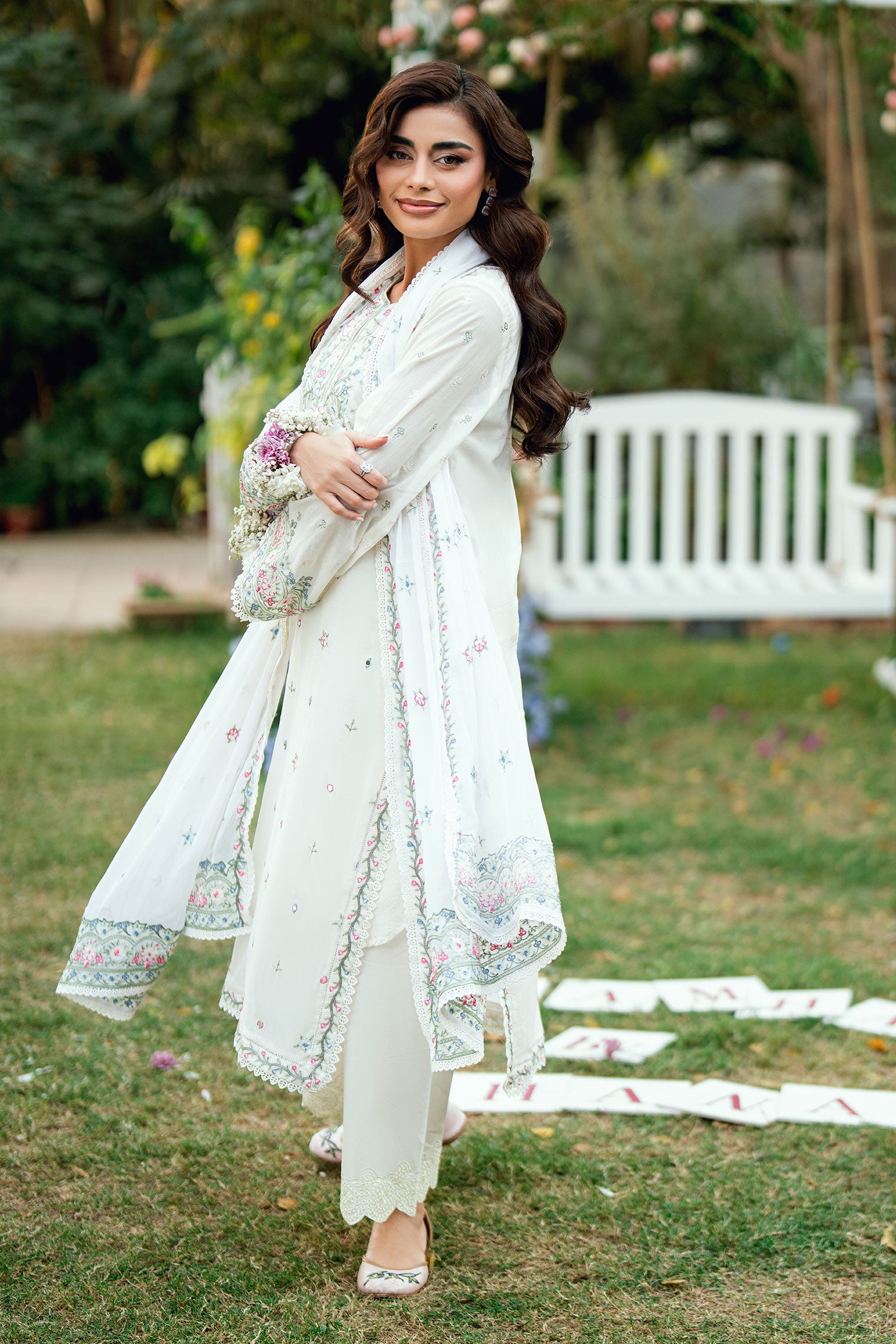 Off White Swiss Voile 2-piece suit with delicate floral embroidery and fine lace detailing on sleeves - Dhanak SS26