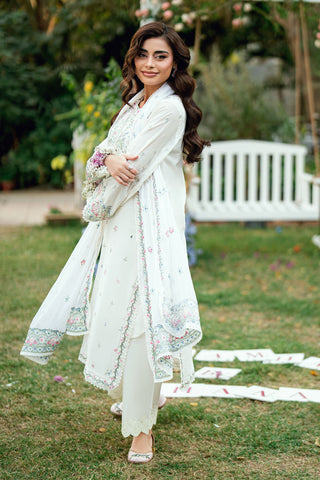 Off White Swiss Voile 2-piece suit with delicate floral embroidery and fine lace detailing on sleeves - Dhanak SS26