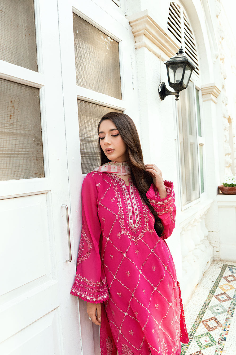 Soft Pink 2-piece Swiss Voile outfit featuring intricate embroidery on neckline, sleeves, and hem - Dhanak SS26