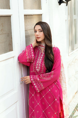 Soft Pink 2-piece Swiss Voile outfit featuring intricate embroidery on neckline, sleeves, and hem - Dhanak SS26