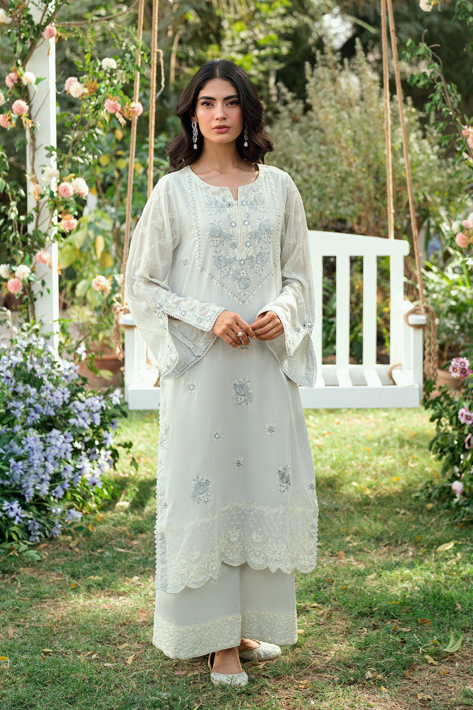 SS25DC-2586 GREY SWISS VOILE 2PCS EMBROIDERED KURTA WITH TROUSER ...