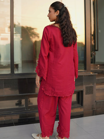 SS26DC-2588 - MAROON - COTTON JACQUARD - 2PCS - EMBROIDERED KURTA WITH TROUSER
