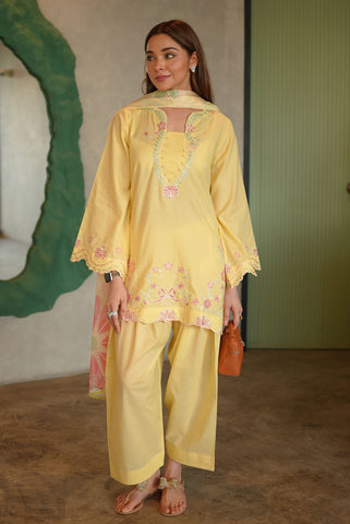 SS26DC-2589 - YELLOW - COTTON JACQUARD - 2PCS - EMBROIDERED KURTA WITH TROUSER