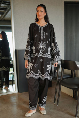 SS26DC-2590 - BLACK - COTTON JACQUARD - 2PCS - EMBROIDERED KURTA WITH TROUSER