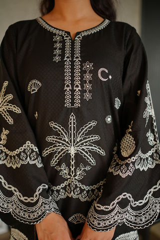 SS26DC-2590 - BLACK - COTTON JACQUARD - 2PCS - EMBROIDERED KURTA WITH TROUSER