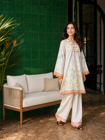 SS26DC-2612 CREAM LAWN 2PCS EMBROIDERED KURTA WITH TROUSER