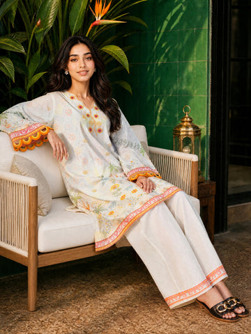 SS26DC-2612 CREAM LAWN 2PCS EMBROIDERED KURTA WITH TROUSER