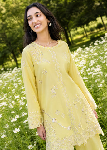 SS26DC-2621 YELLOW 2PCS  EMBROIDERED KURTA WITH TROUSER