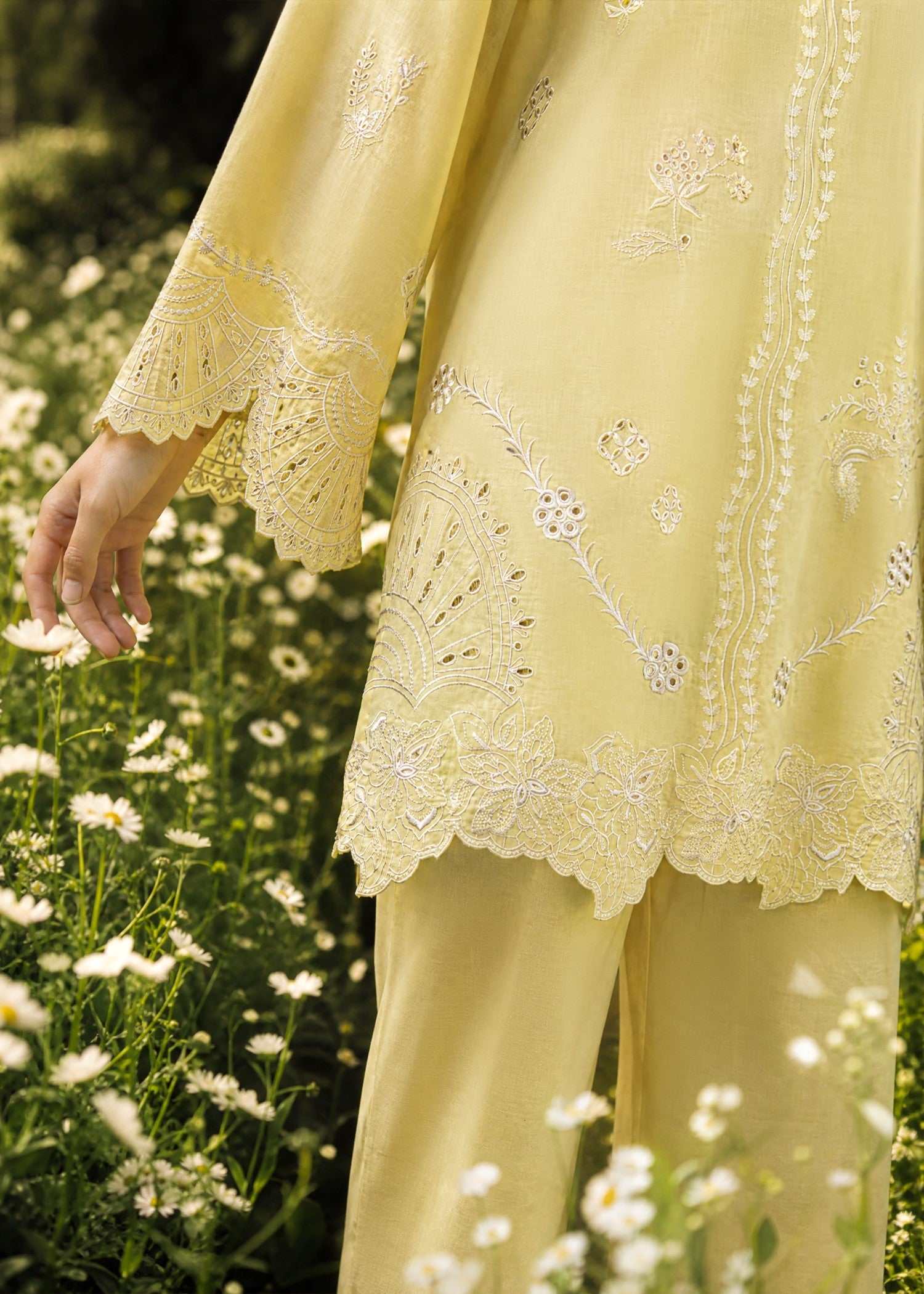 SS26DC-2621 YELLOW 2PCS  EMBROIDERED KURTA WITH TROUSER