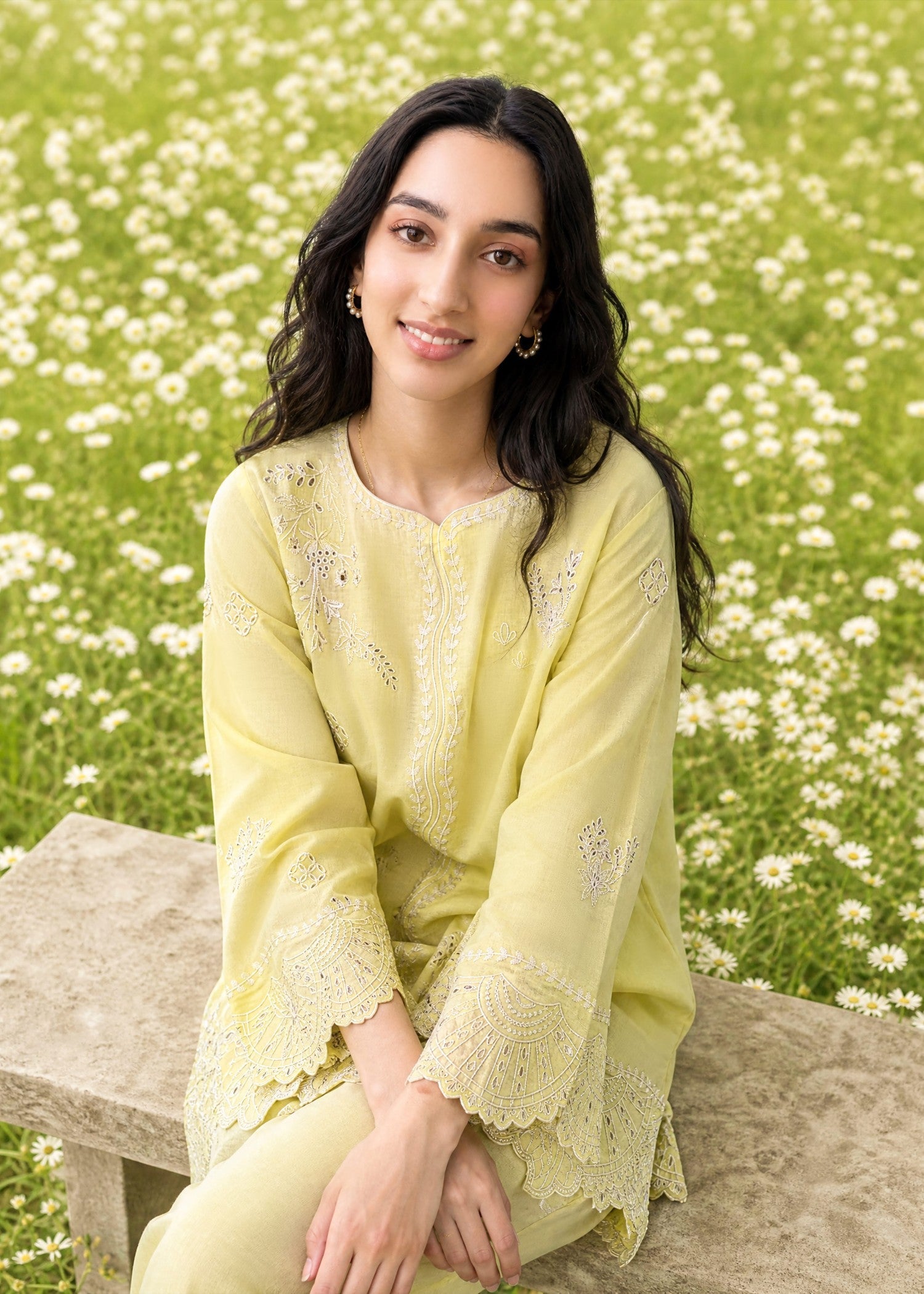SS26DC-2621 YELLOW 2PCS  EMBROIDERED KURTA WITH TROUSER