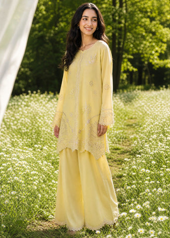 SS26DC-2621 YELLOW 2PCS  EMBROIDERED KURTA WITH TROUSER