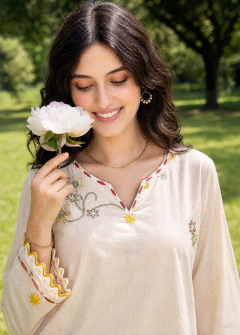 SS26DC-2622 CREAM 2PCS  EMBROIDERED KURTA WITH TROUSER