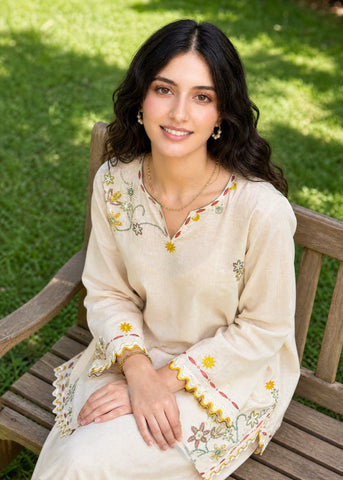 SS26DC-2622 CREAM 2PCS  EMBROIDERED KURTA WITH TROUSER