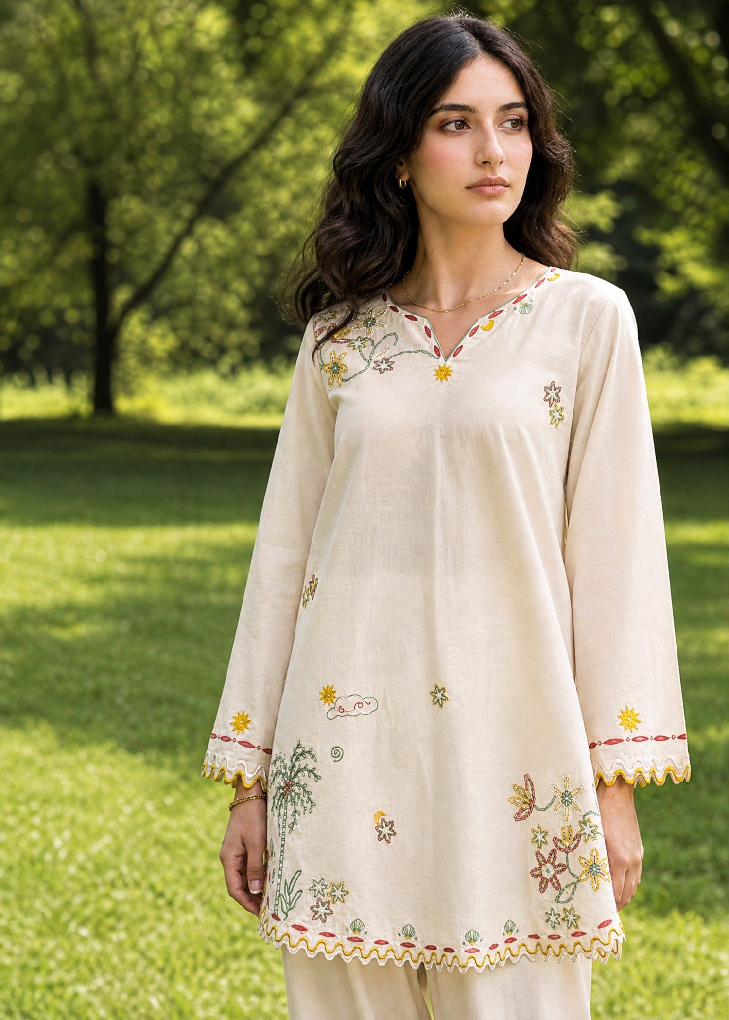 SS26DC-2622 CREAM 2PCS  EMBROIDERED KURTA WITH TROUSER