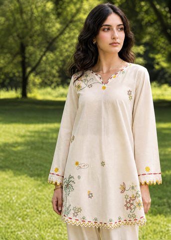 SS26DC-2622 CREAM 2PCS  EMBROIDERED KURTA WITH TROUSER