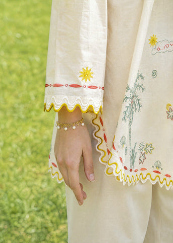 SS26DC-2622 CREAM 2PCS  EMBROIDERED KURTA WITH TROUSER