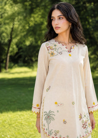 SS26DC-2622 CREAM 2PCS  EMBROIDERED KURTA WITH TROUSER