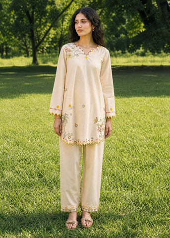 SS26DC-2622 CREAM 2PCS  EMBROIDERED KURTA WITH TROUSER