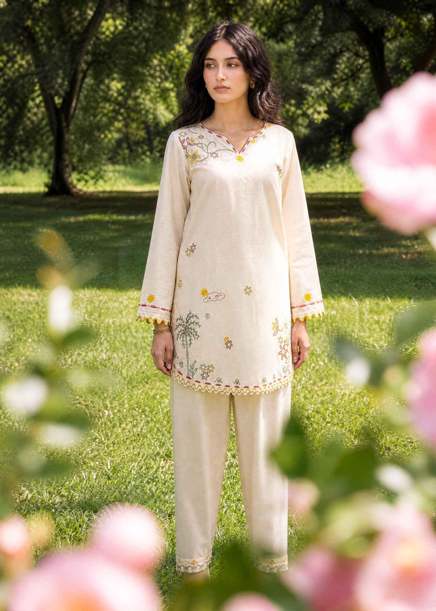 SS26DC-2622 CREAM 2PCS  EMBROIDERED KURTA WITH TROUSER