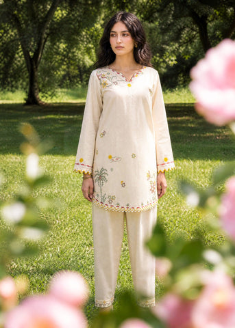 SS26DC-2622 CREAM 2PCS  EMBROIDERED KURTA WITH TROUSER