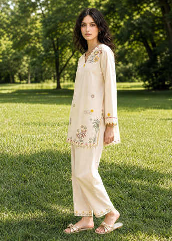 SS26DC-2622 CREAM 2PCS  EMBROIDERED KURTA WITH TROUSER