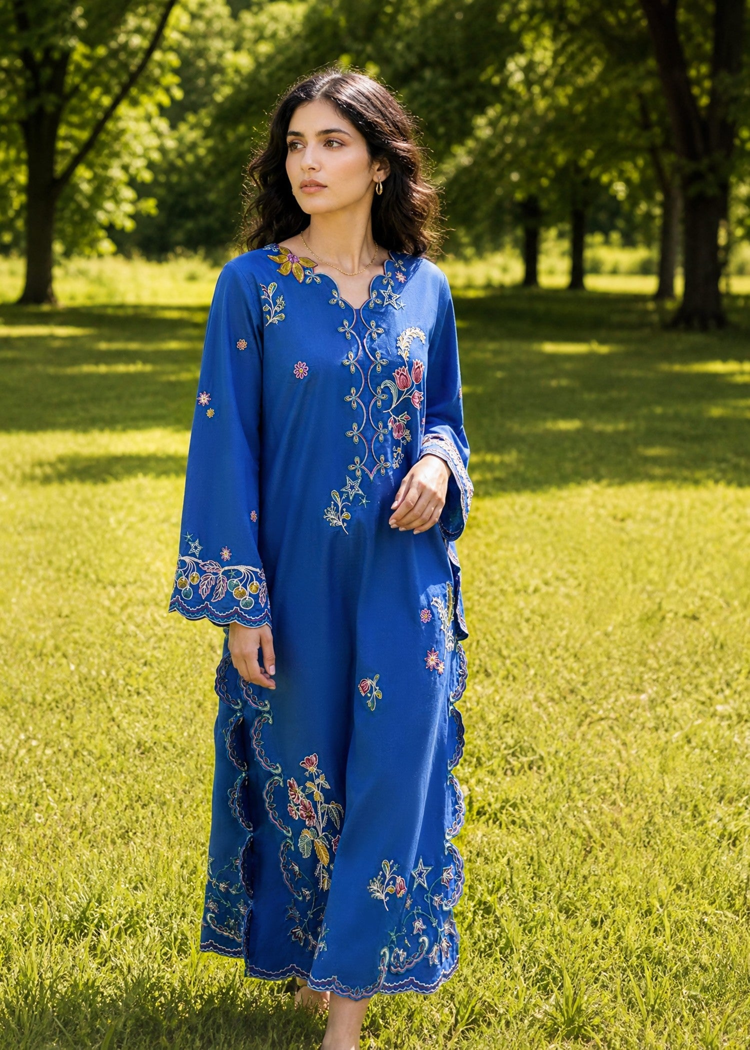SS26DC-2623 BLUE 2PCS  EMBROIDERED KURTA WITH TROUSER