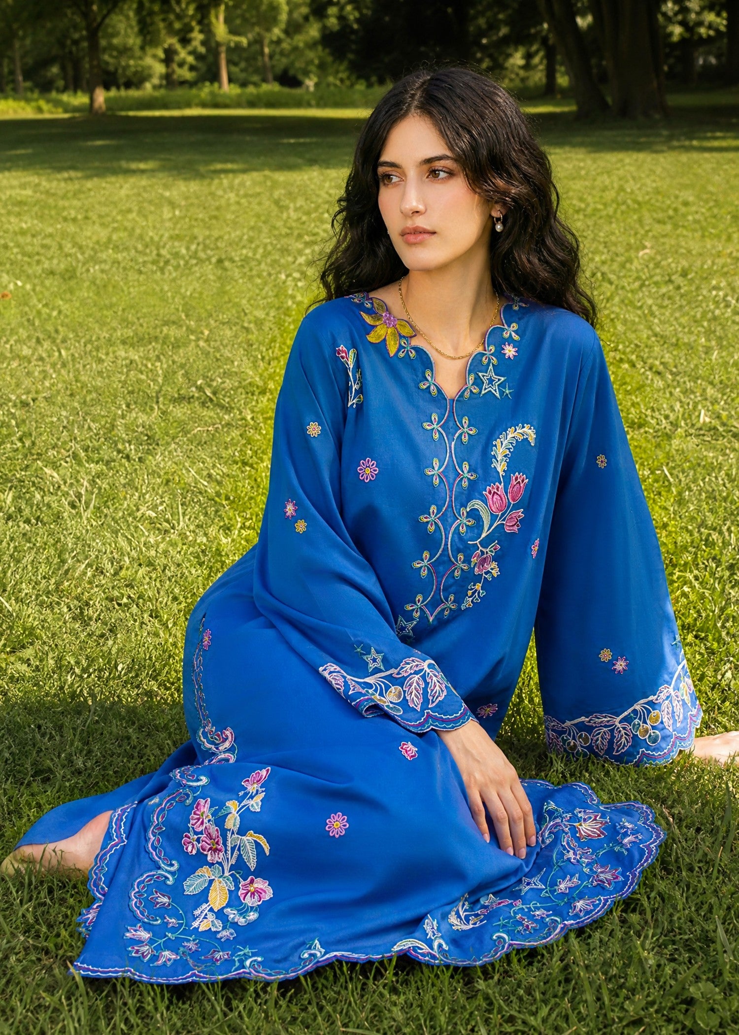 SS26DC-2623 BLUE 2PCS  EMBROIDERED KURTA WITH TROUSER