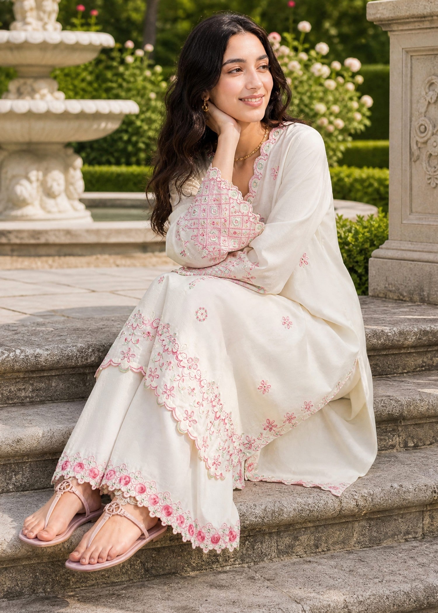 SS26DC-2625 OFF WHITE 2PCS  EMBROIDERED KURTA WITH TROUSER