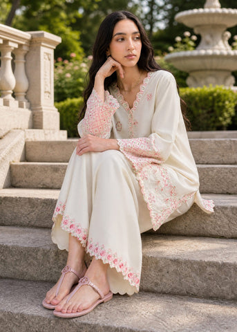 SS26DC-2625 OFF WHITE 2PCS  EMBROIDERED KURTA WITH TROUSER