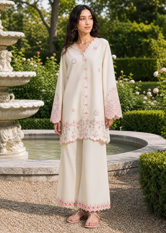 SS26DC-2625 OFF WHITE 2PCS  EMBROIDERED KURTA WITH TROUSER