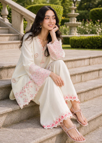 SS26DC-2625 OFF WHITE 2PCS  EMBROIDERED KURTA WITH TROUSER