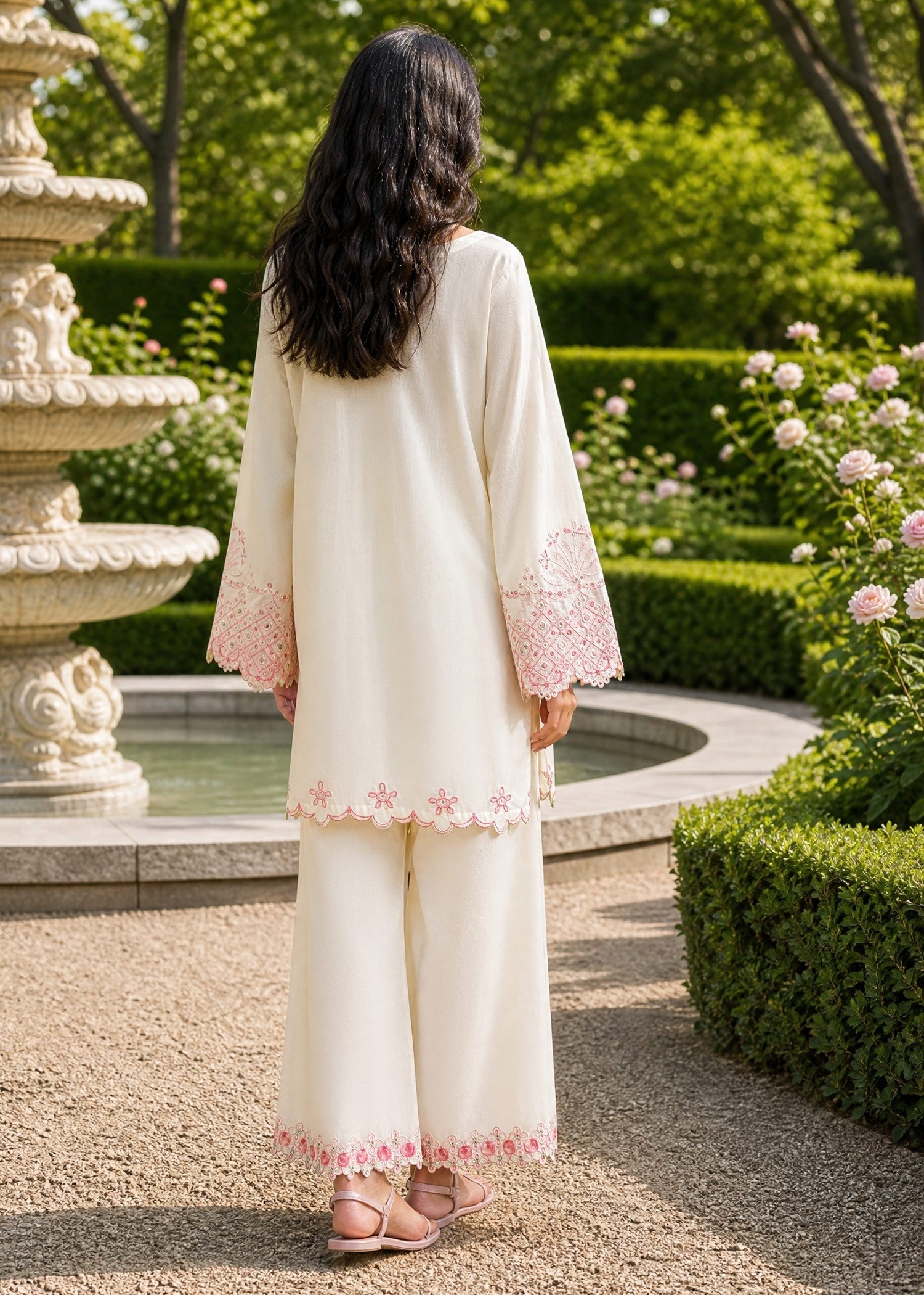 SS26DC-2625 OFF WHITE 2PCS  EMBROIDERED KURTA WITH TROUSER