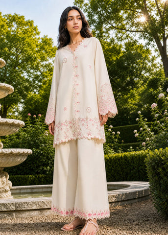 SS26DC-2625 OFF WHITE 2PCS  EMBROIDERED KURTA WITH TROUSER