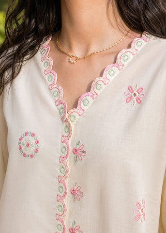 SS26DC-2625 OFF WHITE 2PCS  EMBROIDERED KURTA WITH TROUSER