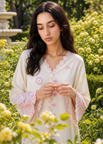 SS26DC-2625 OFF WHITE 2PCS  EMBROIDERED KURTA WITH TROUSER