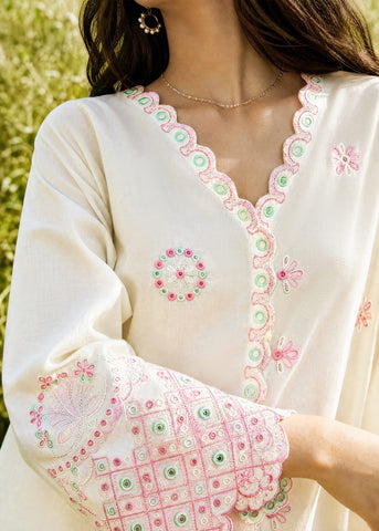 SS26DC-2625 OFF WHITE 2PCS  EMBROIDERED KURTA WITH TROUSER