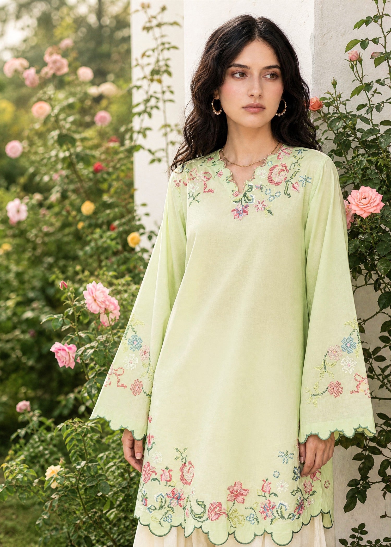 SS26DC-2626 LIGHT GREEN 2PCS  EMBROIDERED KURTA WITH TROUSER